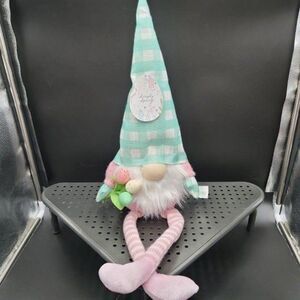 CLEARANCE Easter Gnome Greeter Plush Spring Egg Bouquet Checked Hat Home Accent